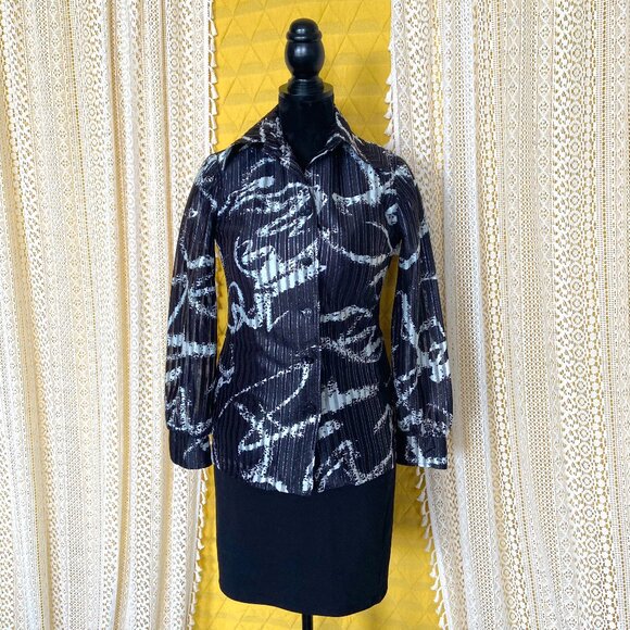VTG 70s Disco Black/White/Metallic Butterfly Collar Long Sleeve Blouse Mr. Mench - Picture 7 of 11